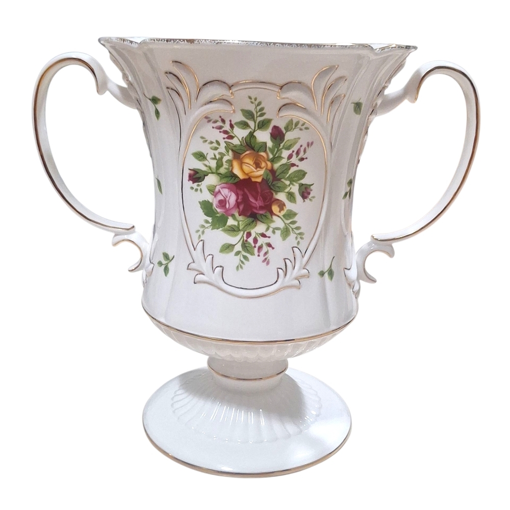 NOB Vintage Royal Albert Old Country Roses Grandeur Vase W/Handles Floral Print